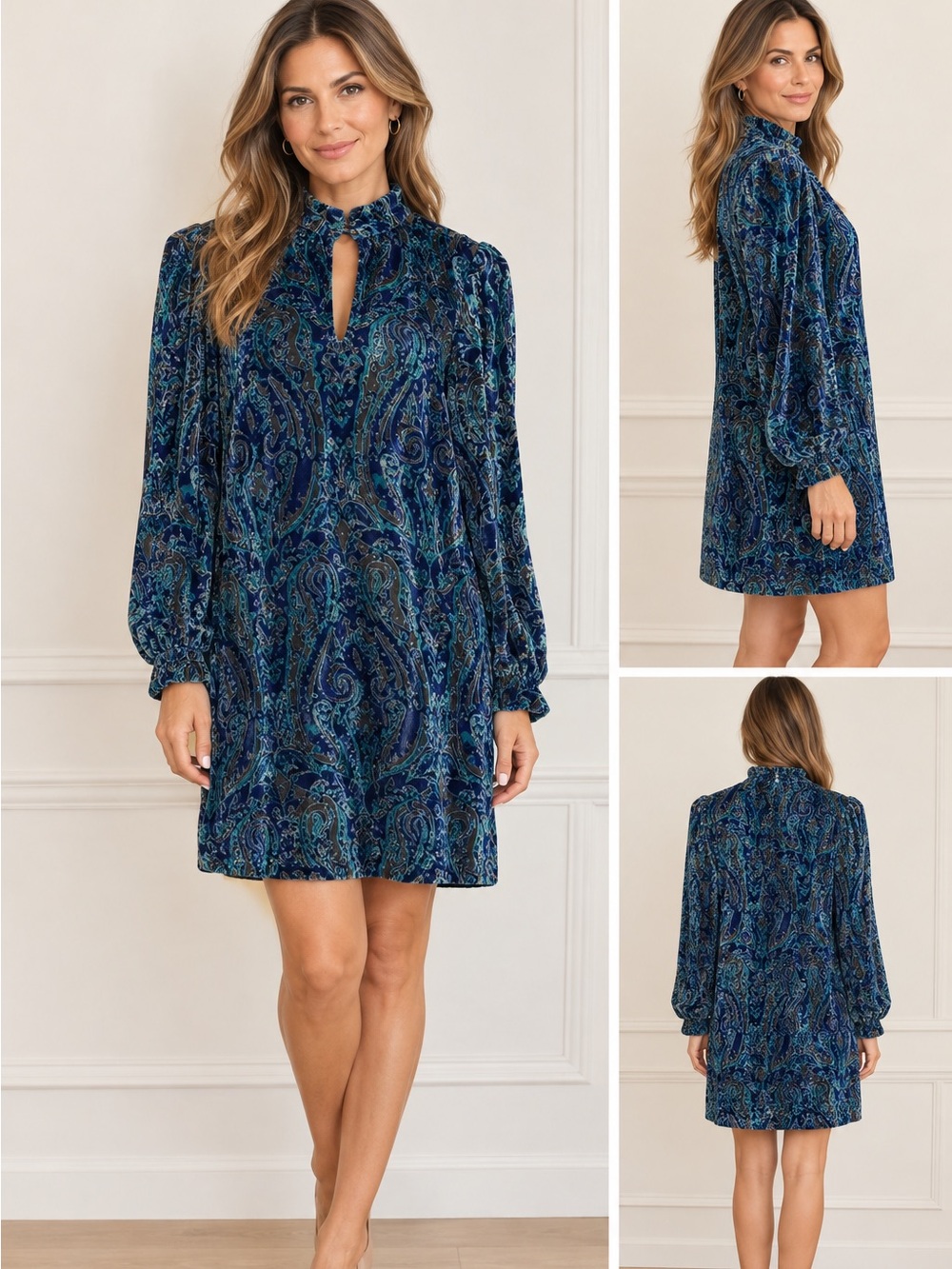 Nanette Lepore Teal & Navy Paisley Velvet Long-Sleeve Dress